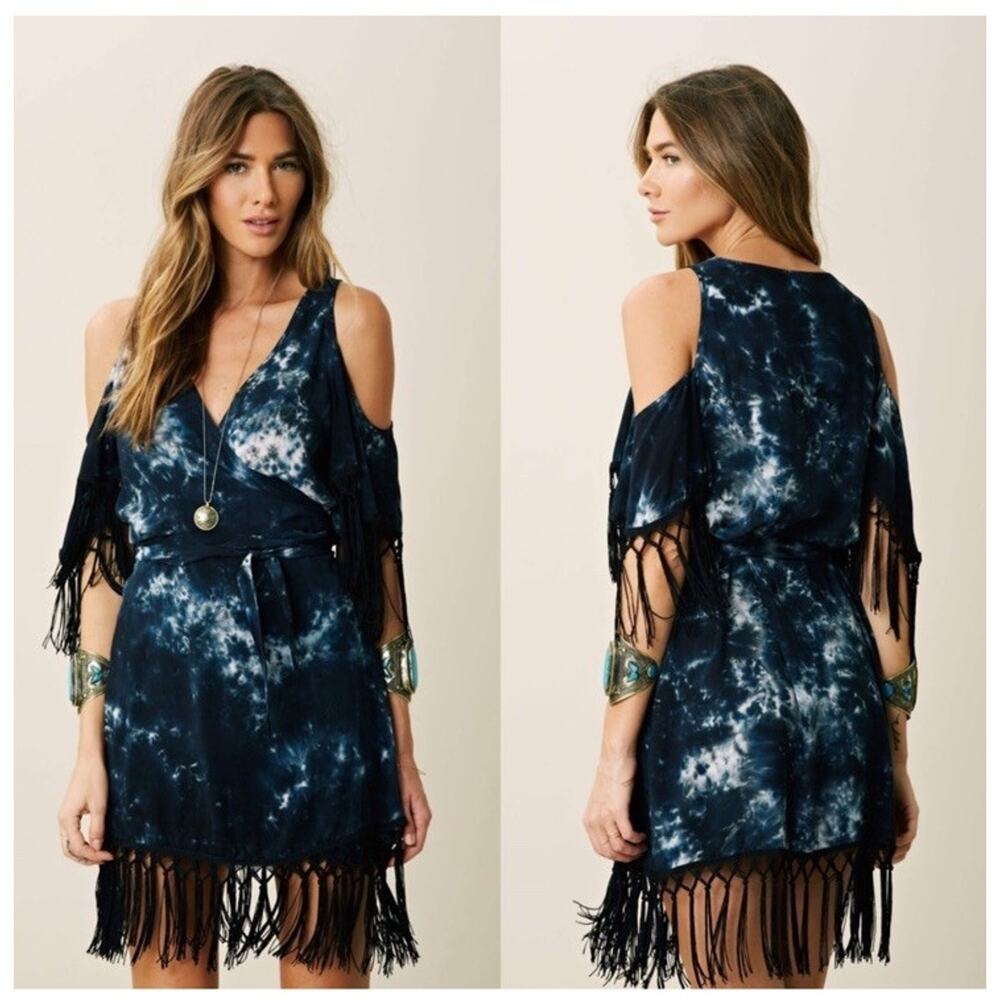 Planet Blue Blu Moon Tie Dye Blue Wrap Dress Black Fringe Detail Women’s SZ S US